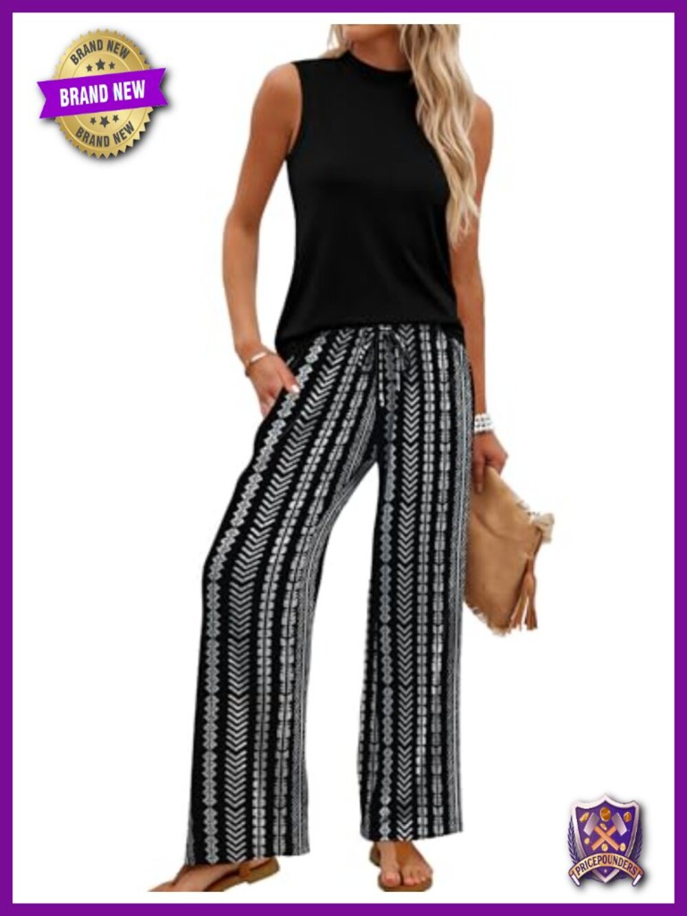Two Piece Wide Leg Pant Set Sleeveless Mock Neck Crop Top Travel Outfit
